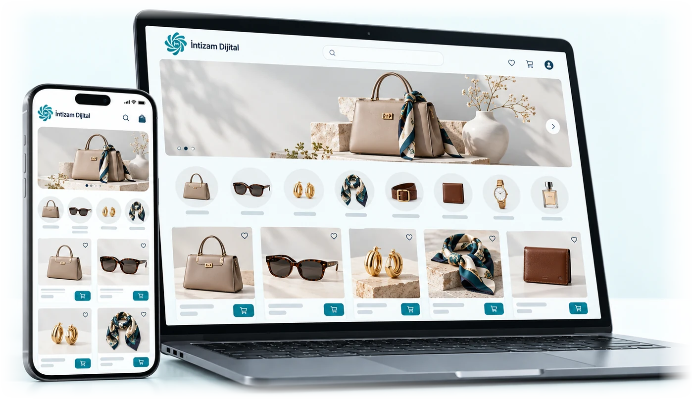 Butik giyim e-ticaret sitesinin laptop ve telefondaki örnek görünümü